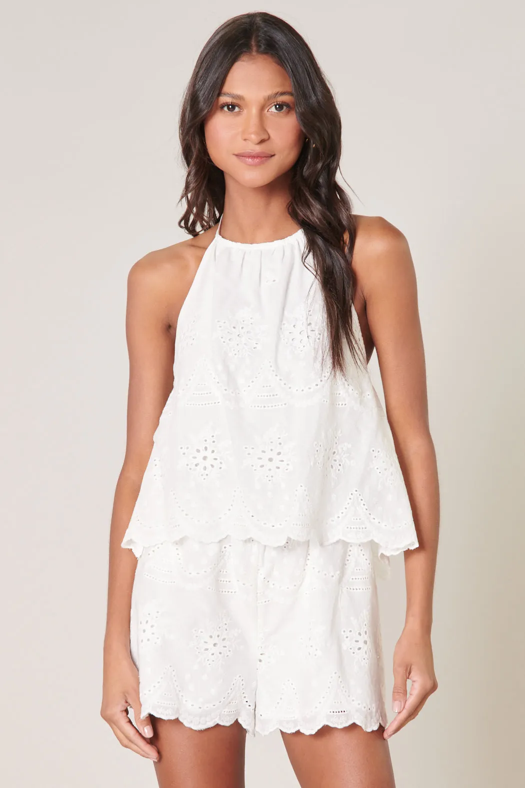 Aislyn Scalloped Eyelet Halter Romper