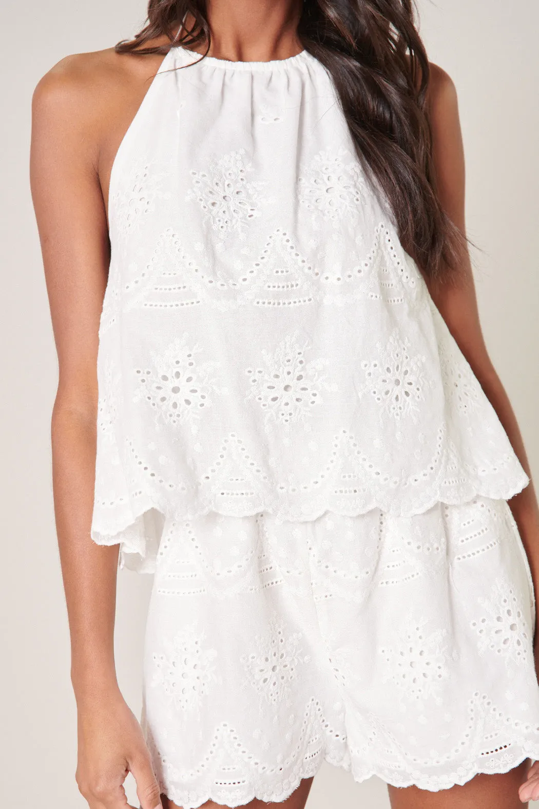 Aislyn Scalloped Eyelet Halter Romper
