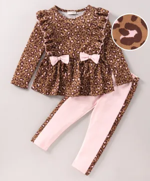 Animal Print Front Frill Top Leggings Set