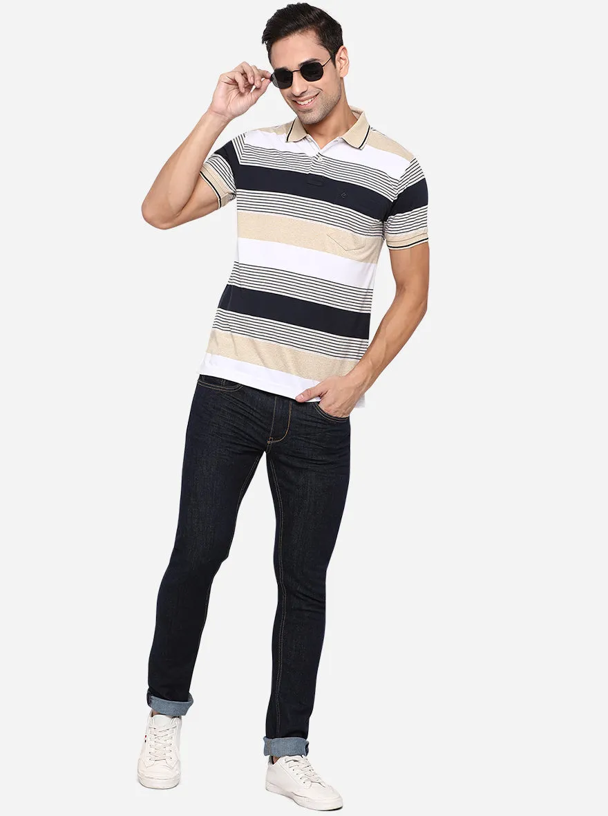 Beige Striped Slim Fit Polo T-Shirt | Greenfibre