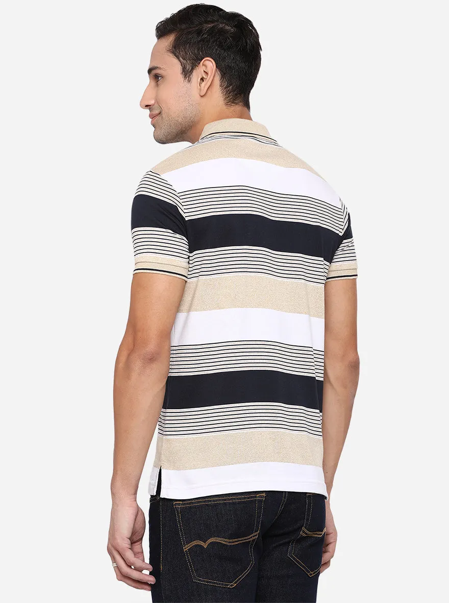Beige Striped Slim Fit Polo T-Shirt | Greenfibre