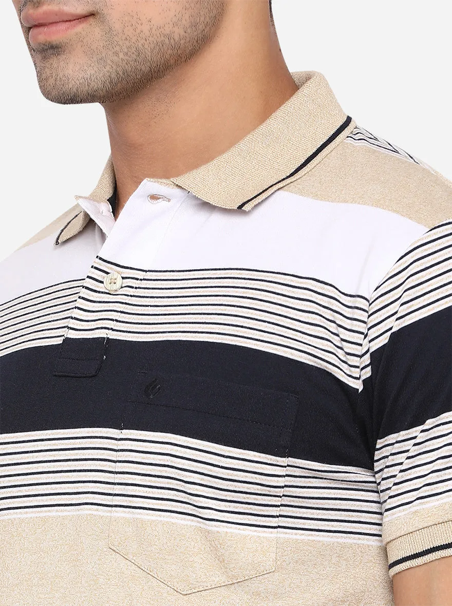 Beige Striped Slim Fit Polo T-Shirt | Greenfibre