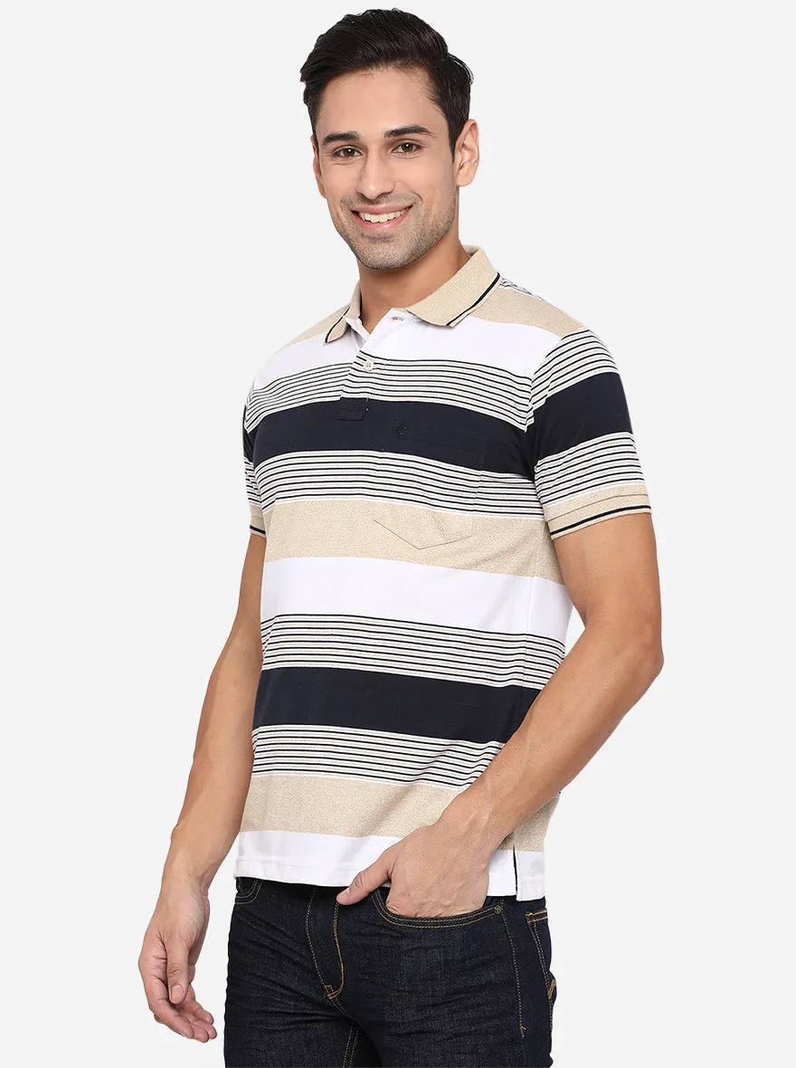 Beige Striped Slim Fit Polo T-Shirt | Greenfibre