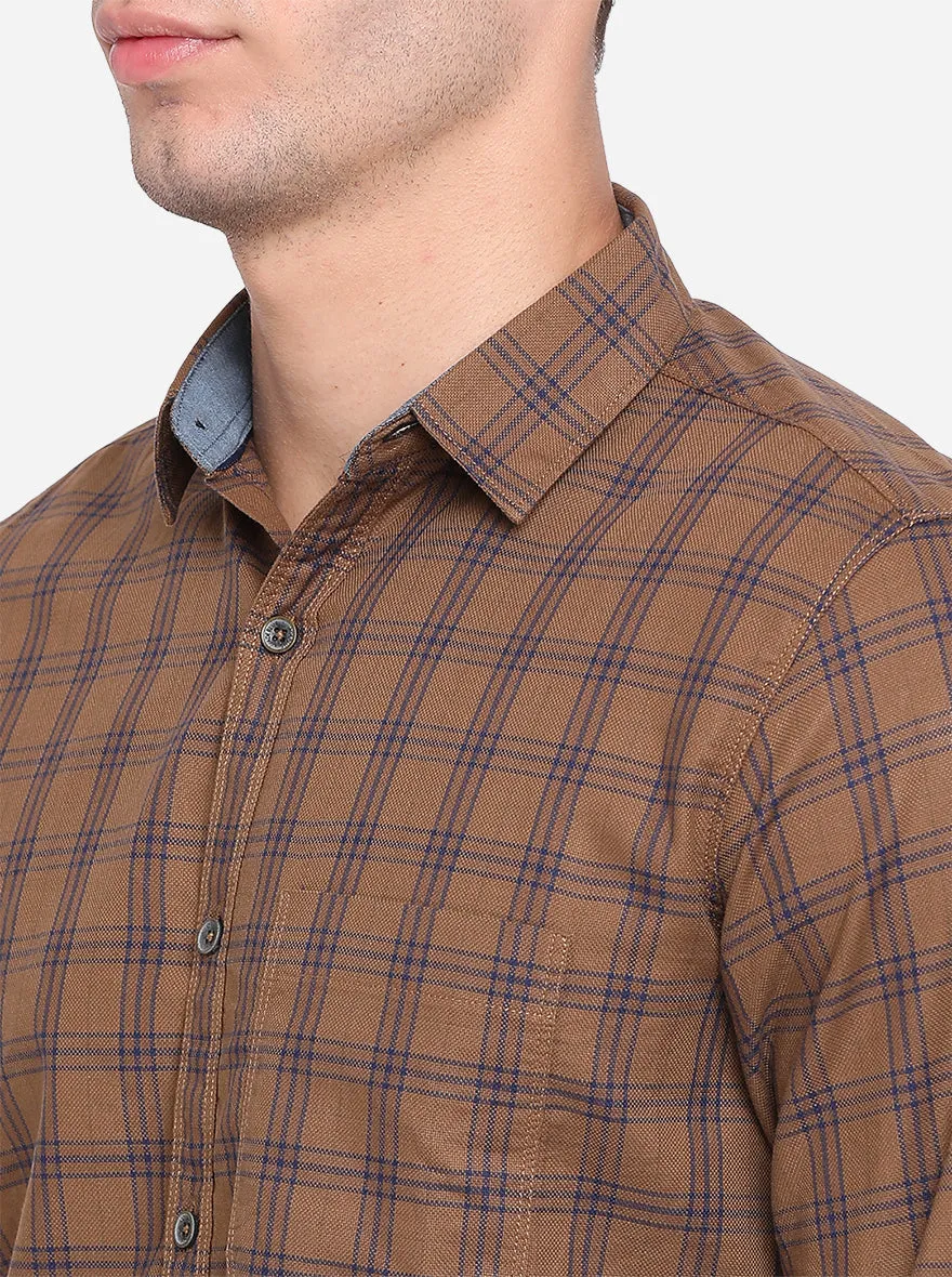 Brown Checked Slim Fit Semi Casual Shirt | JadeBlue