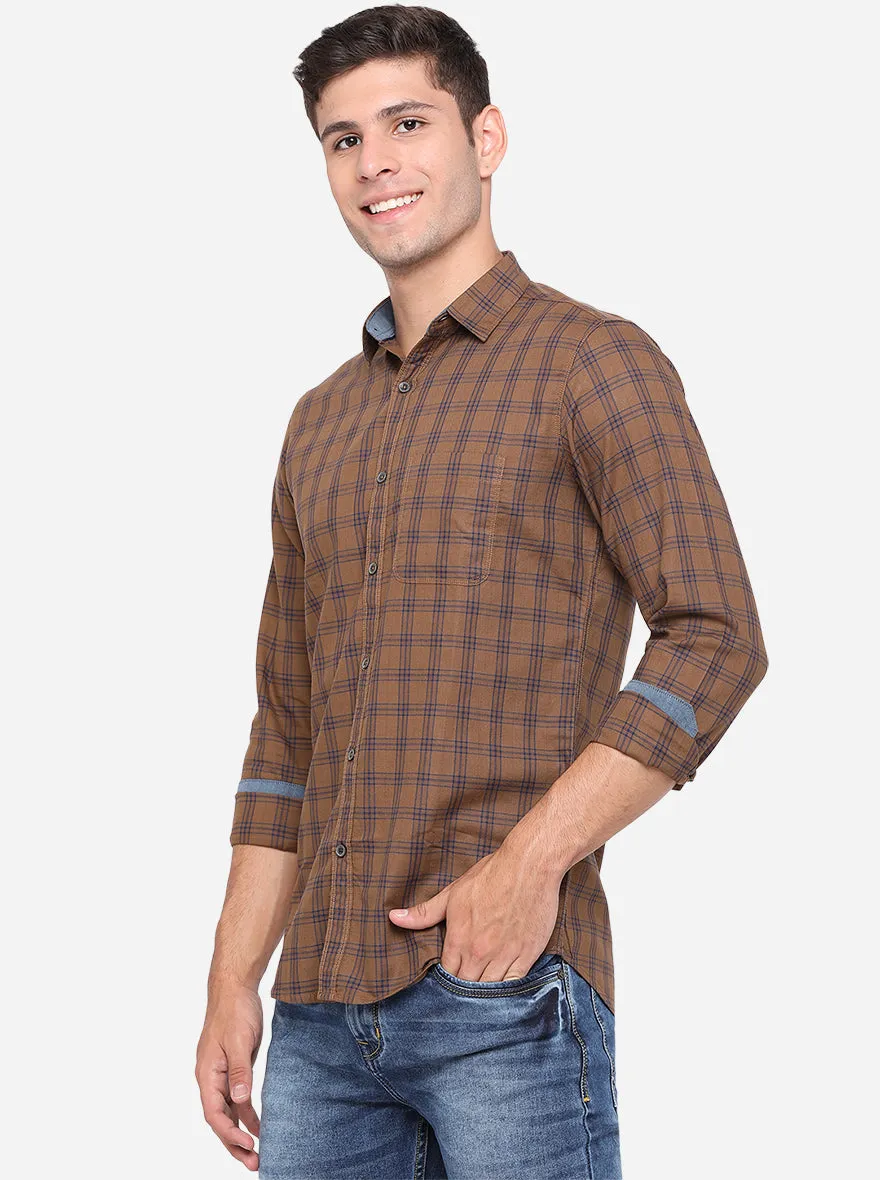 Brown Checked Slim Fit Semi Casual Shirt | JadeBlue