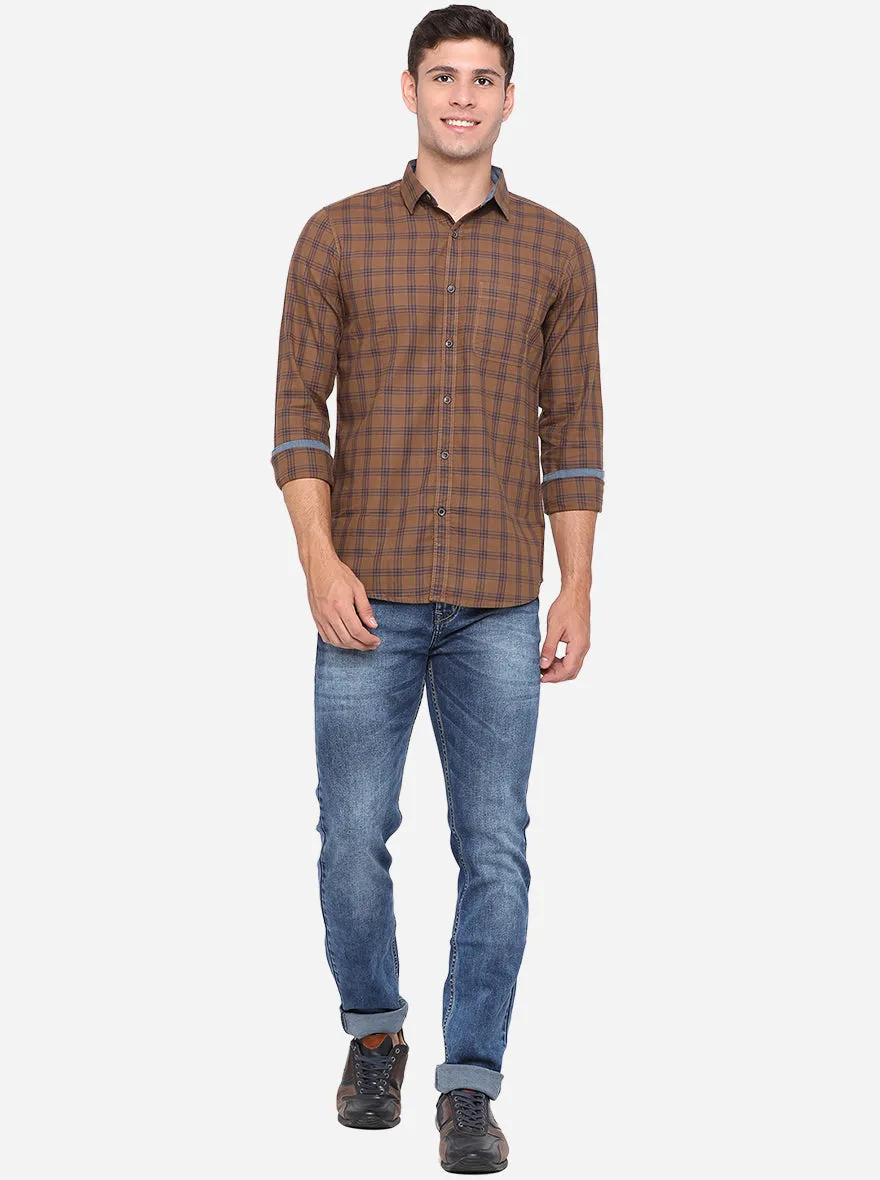 Brown Checked Slim Fit Semi Casual Shirt | JadeBlue