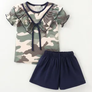 Camouflage V shape Frill Bow Top Short Set