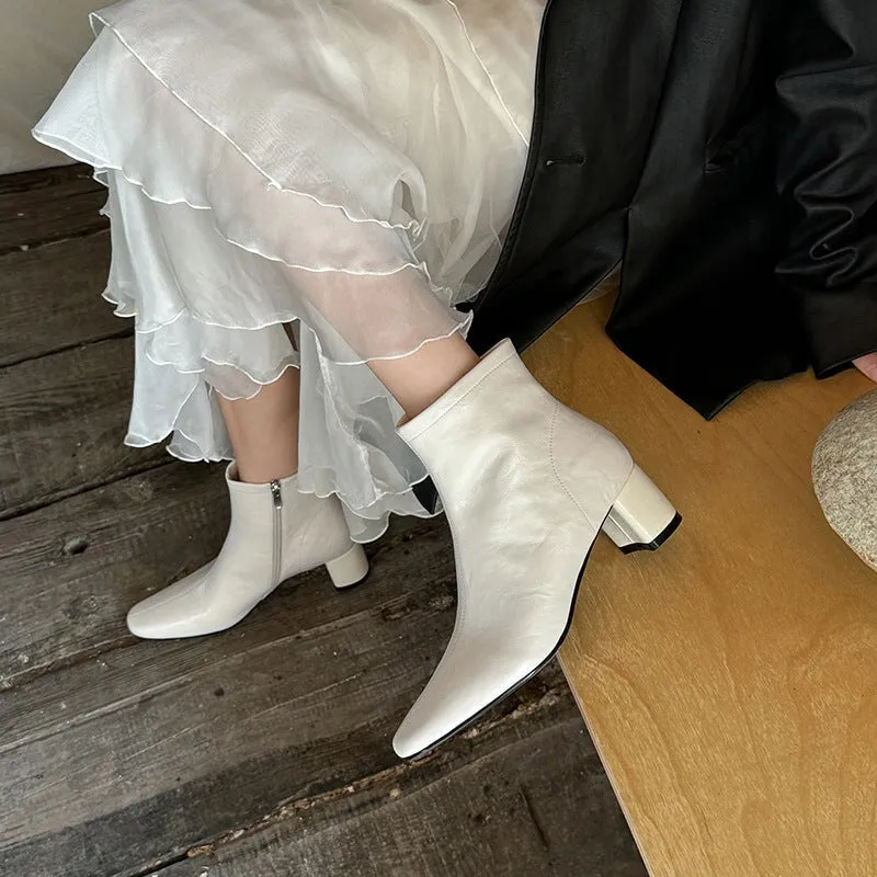 Classic Slimming Boots Elegant Chelsea Boots Mid Heel Side Zipper Boots in Black/Beige/Coffee