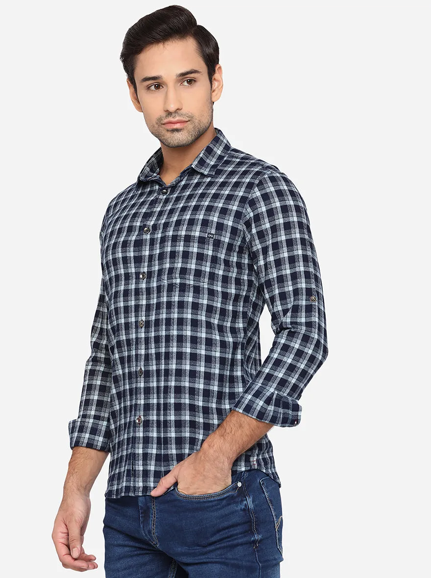 Eclipse Blue Checked Slim Fit Semi Casual Shirt | JadeBlue