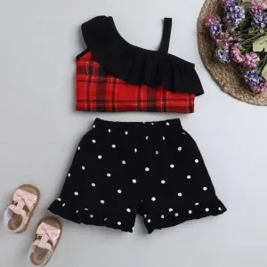 Frill and Strap Checkered Top Short Set