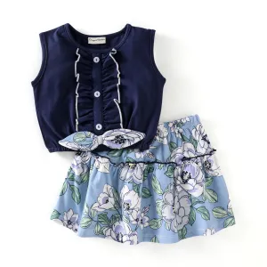 Frilled Solid Bow Top and Floral Skirt Set