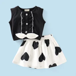 Frilled Solid Bow Top and Hearts Skirt Set