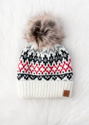 Hat Ivory, Red & Gray Winter Pattern Pom Hat