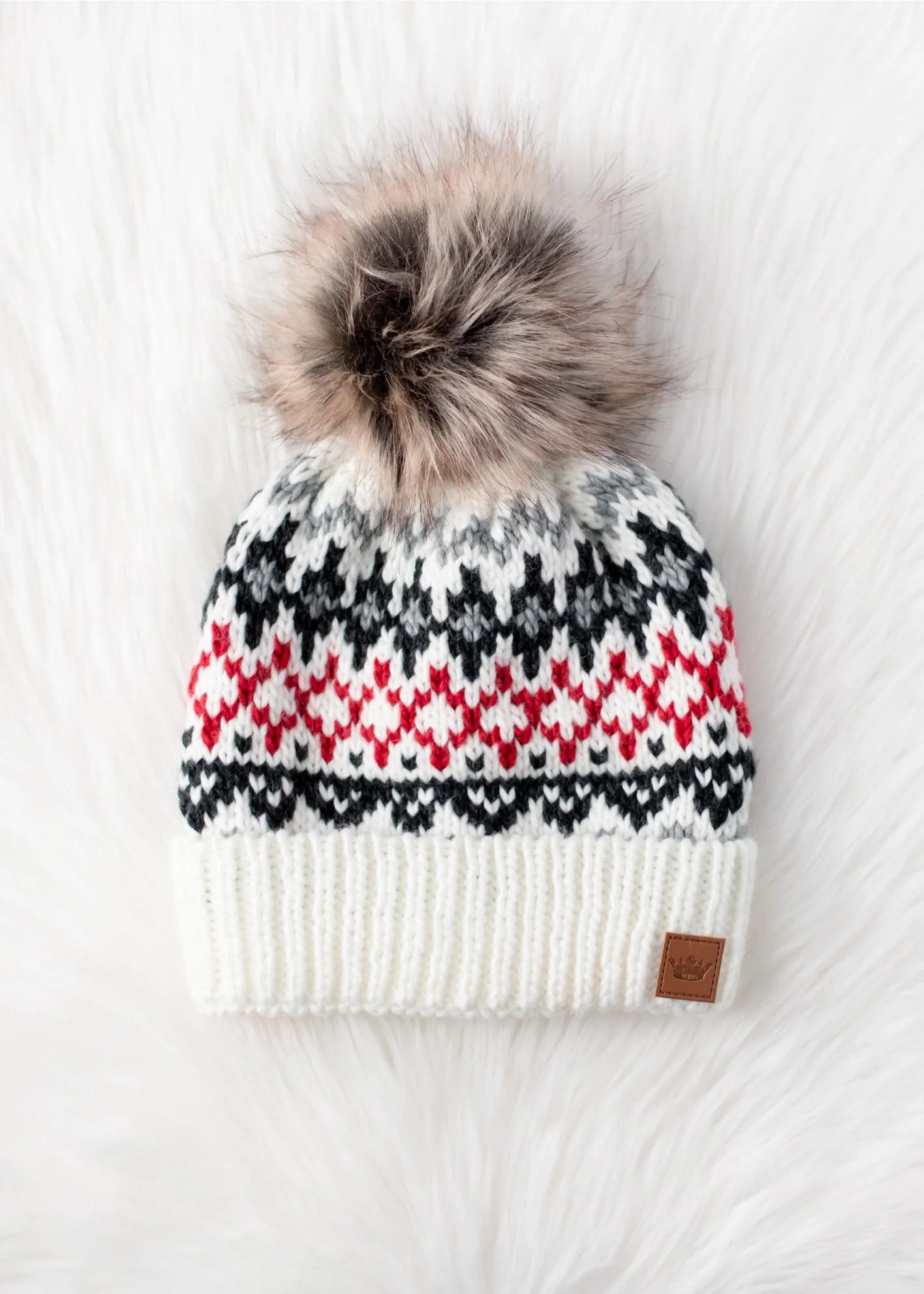 Hat Ivory, Red & Gray Winter Pattern Pom Hat