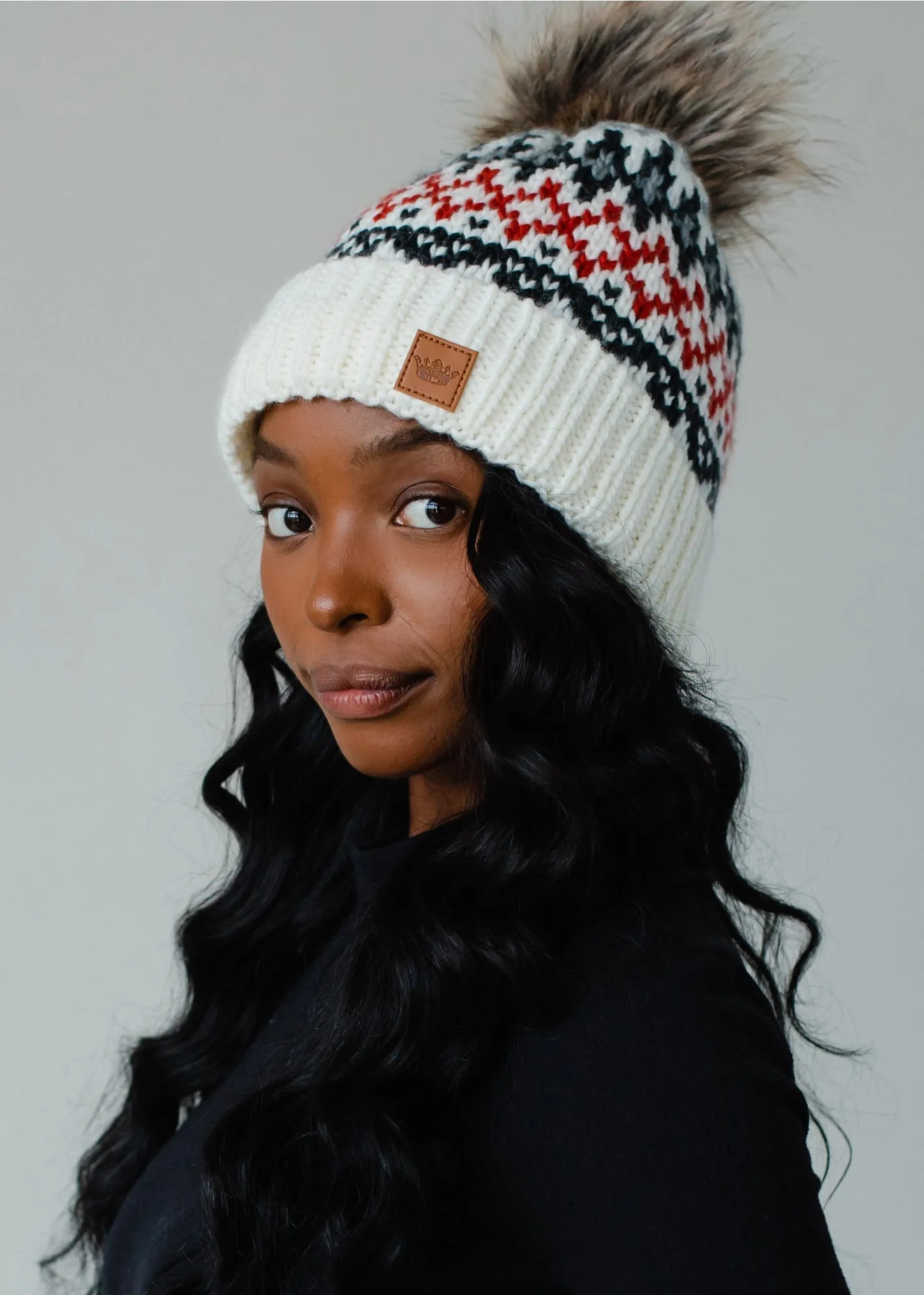 Hat Ivory, Red & Gray Winter Pattern Pom Hat