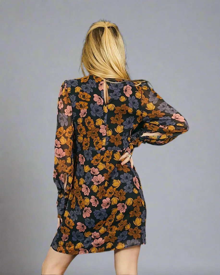 High Neck Long Sleeve Mini Dress in Floral Chiffon | Chelsea