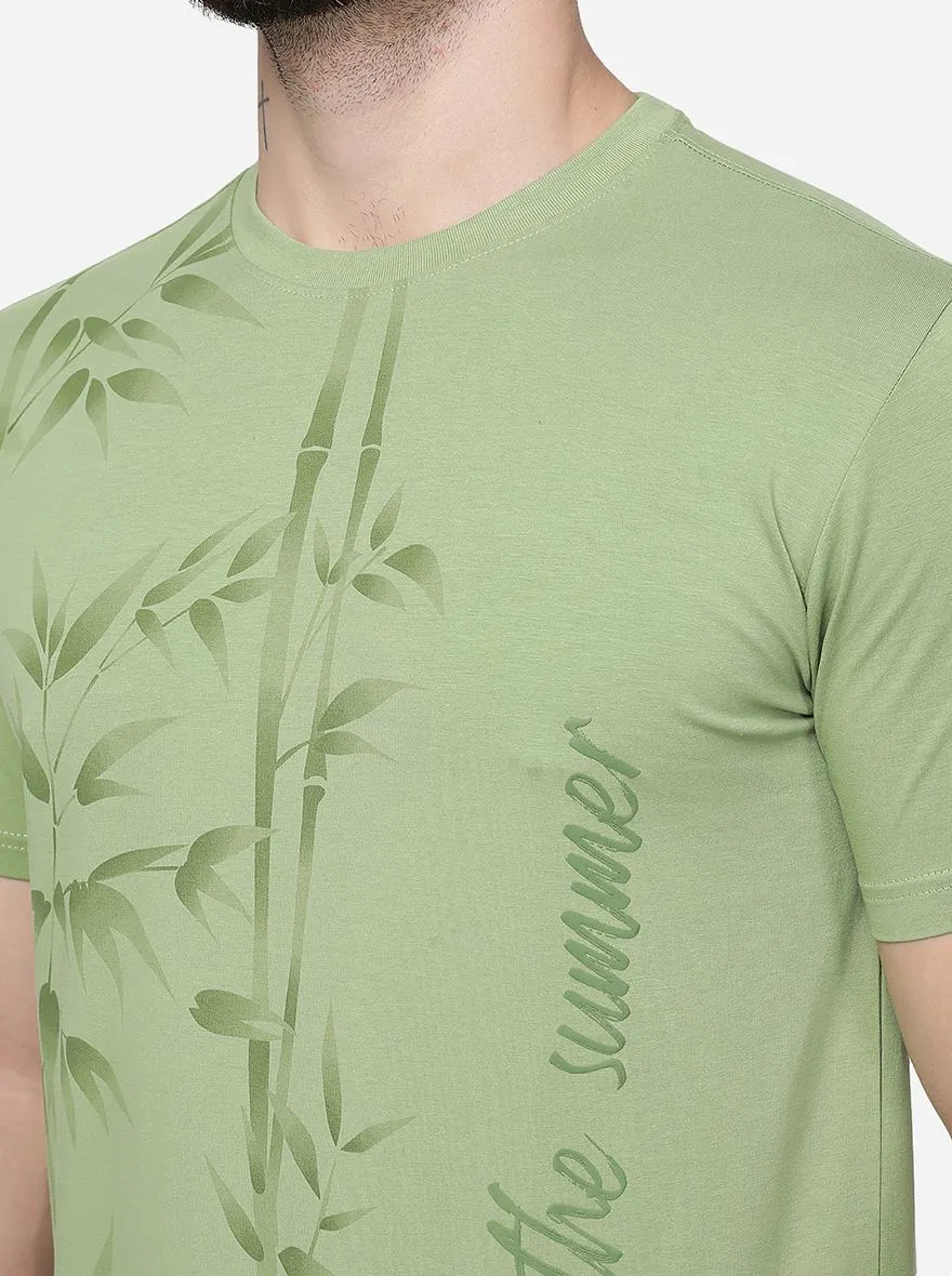 Leaf Green Printed Slim Fit T-Shirt | JadeBlue