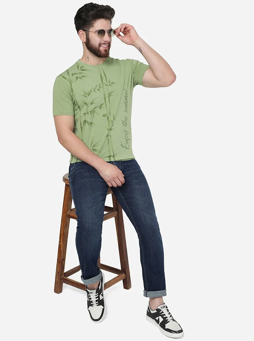 Leaf Green Printed Slim Fit T-Shirt | JadeBlue