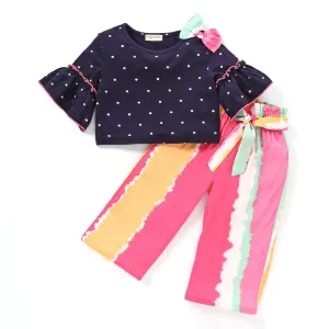 Polka Frilled Sleeves Bow Top Belted Plazzo Set