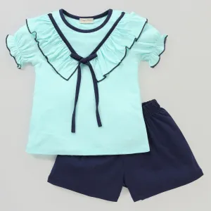 Polka V shape Frill with Bow Top Short Set