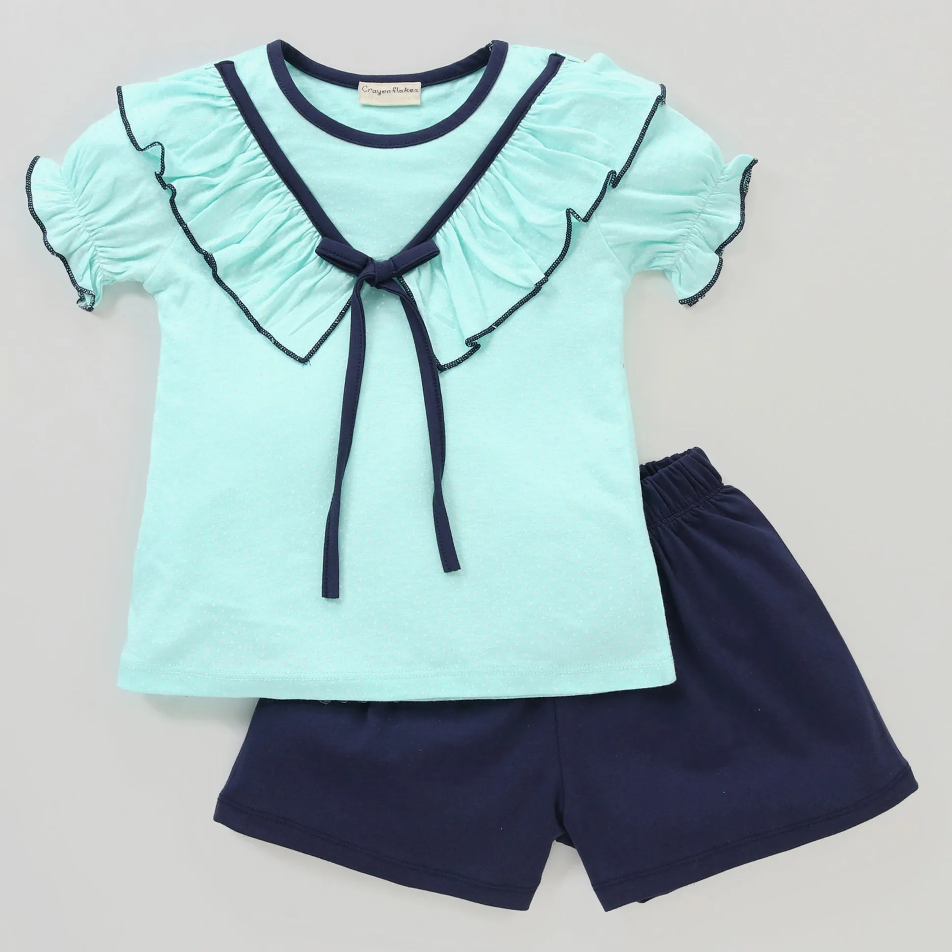 Polka V shape Frill with Bow Top Short Set