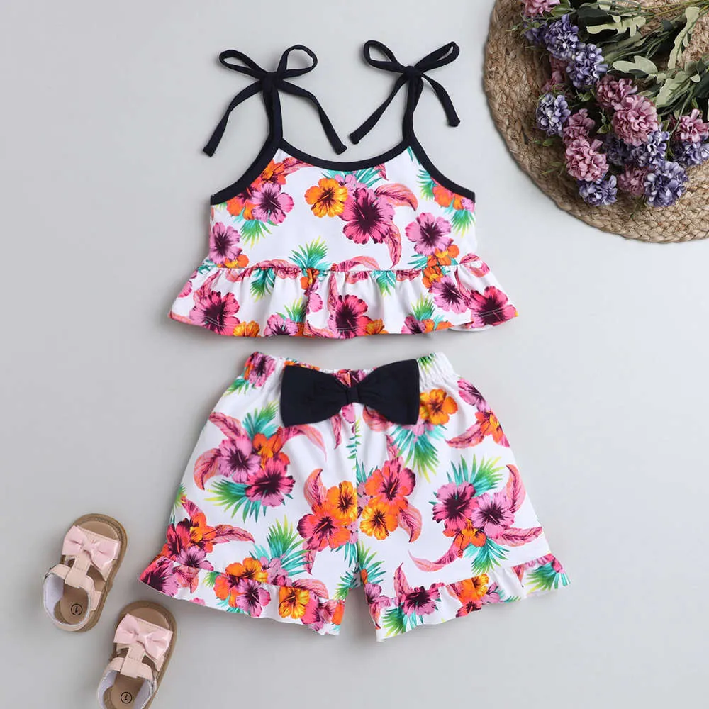 Straped Floral Frill Top Short Set