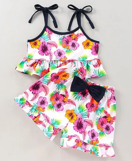 Straped Floral Frill Top Short Set