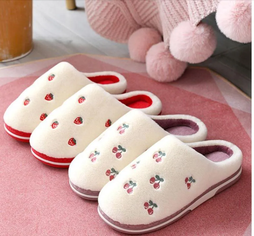 Women Indoor Warm Plush Embroidered Fruit Soft Non-slip Slippers