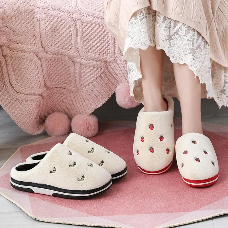 Women Indoor Warm Plush Embroidered Fruit Soft Non-slip Slippers