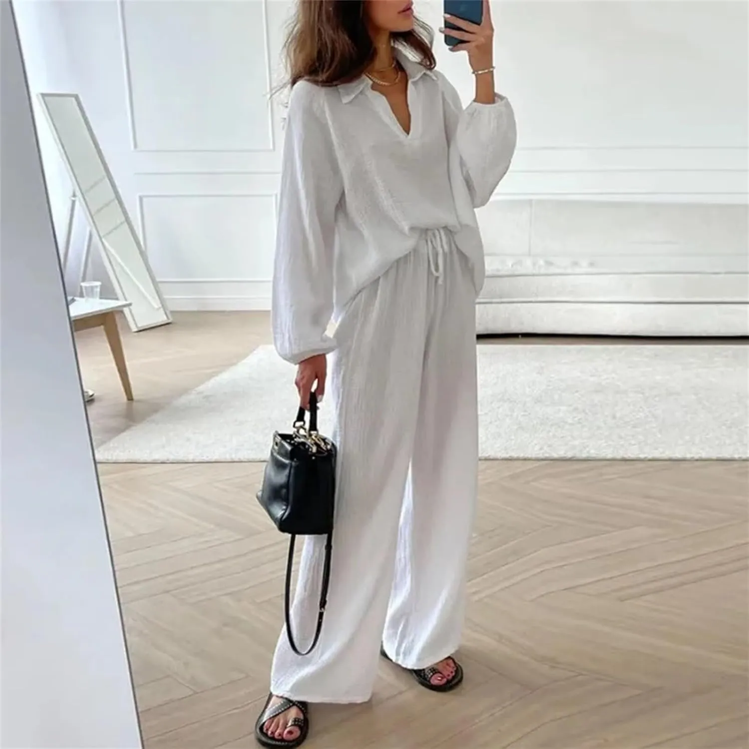 Womens 2 Piece Outfits Casual Long Sleeve Button Down Top Wide Leg Pant 2 Piece Loungewear With Pocket Pajama Sets