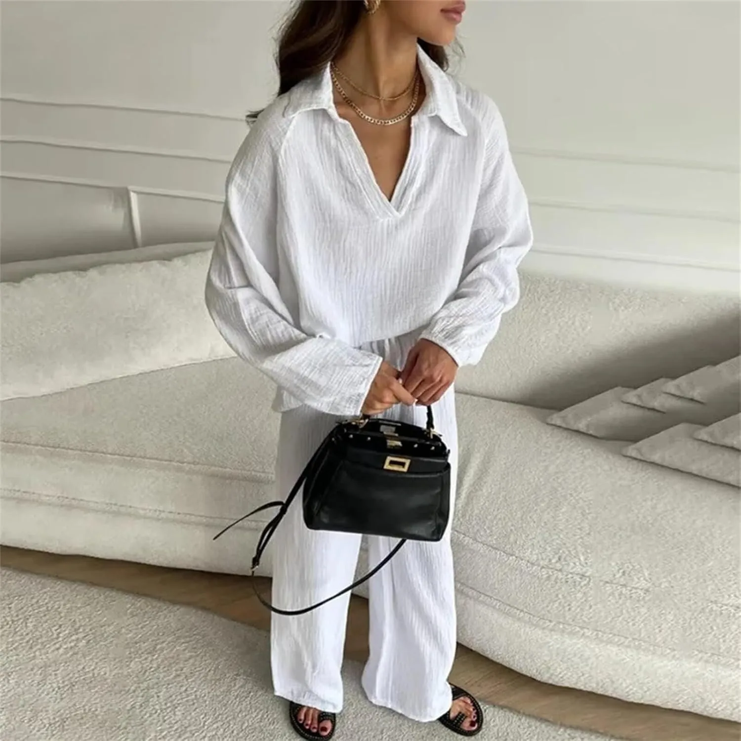 Womens 2 Piece Outfits Casual Long Sleeve Button Down Top Wide Leg Pant 2 Piece Loungewear With Pocket Pajama Sets