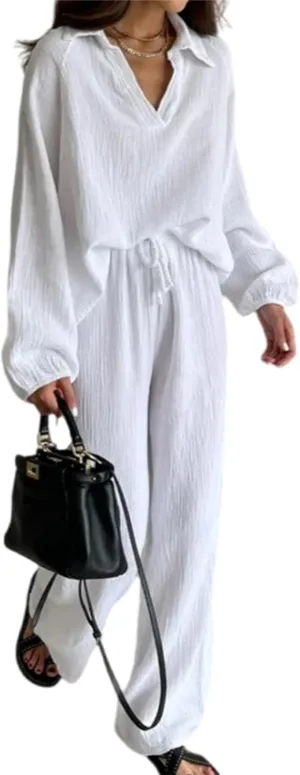 Womens 2 Piece Outfits Casual Long Sleeve Button Down Top Wide Leg Pant 2 Piece Loungewear With Pocket Pajama Sets