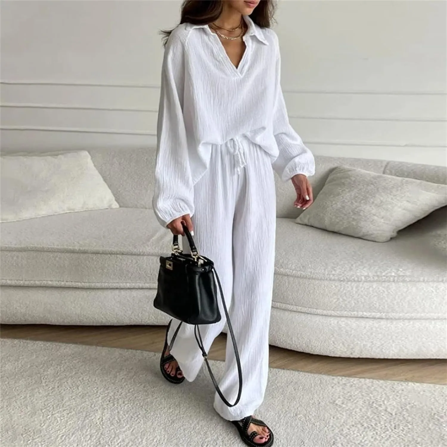 Womens 2 Piece Outfits Casual Long Sleeve Button Down Top Wide Leg Pant 2 Piece Loungewear With Pocket Pajama Sets